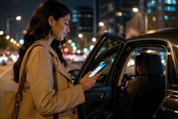 The Hidden Insurance Risk of Driving for Uber or Lyft - Rideshare Driver Checking App Before Trip at Night